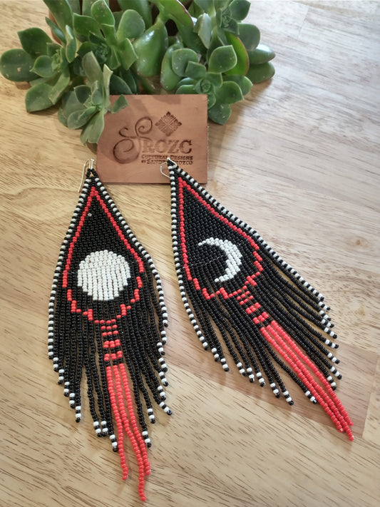 full and half-moon long beaded earrings.