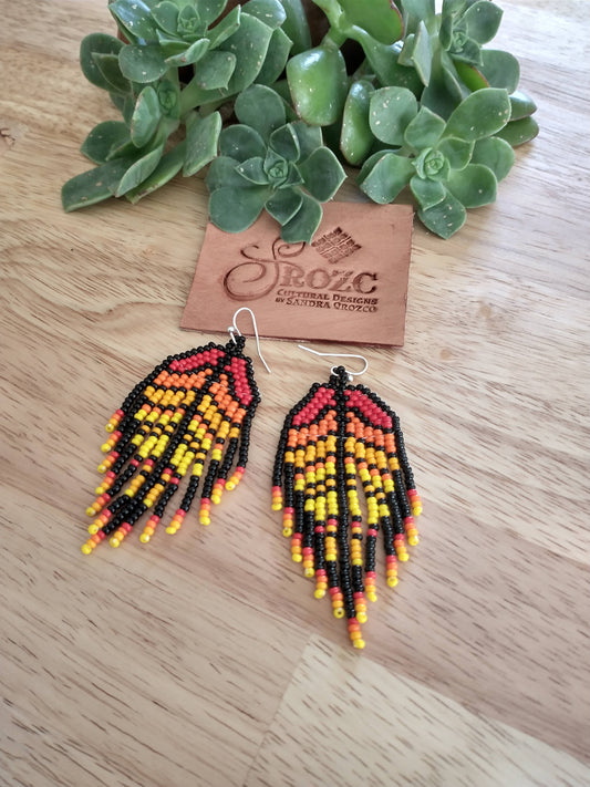 Monarch colors feather beaded earrings