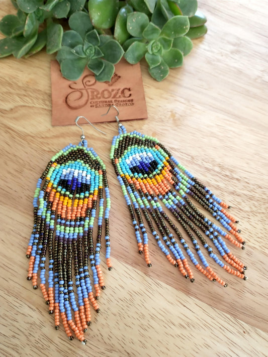 Turquoise Peacock feather beaded earrings.