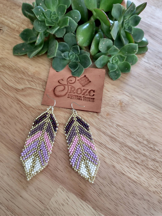 Purple/Gold feather beaded earrings
