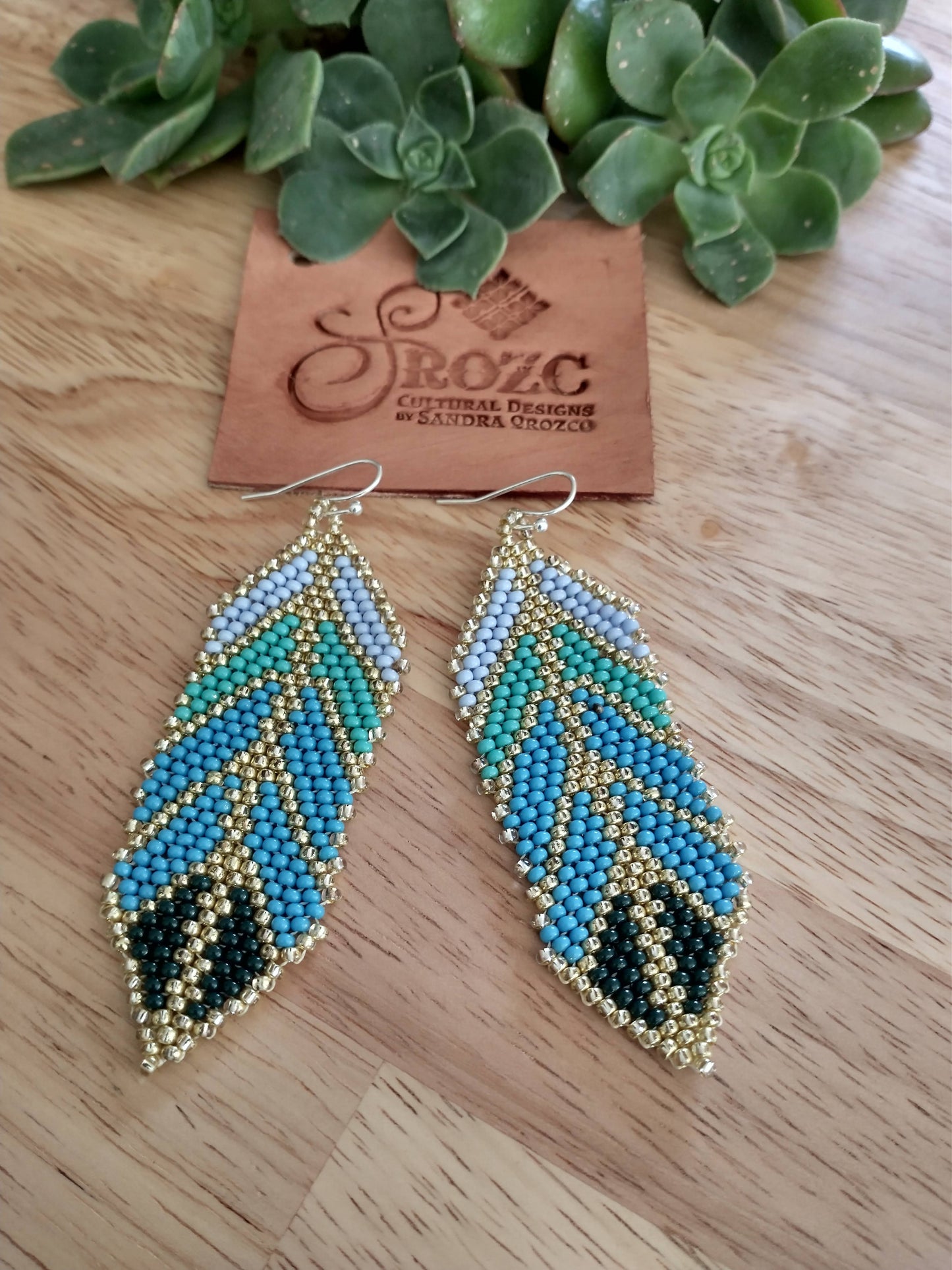 Blue Ombre feather beaded earrings
