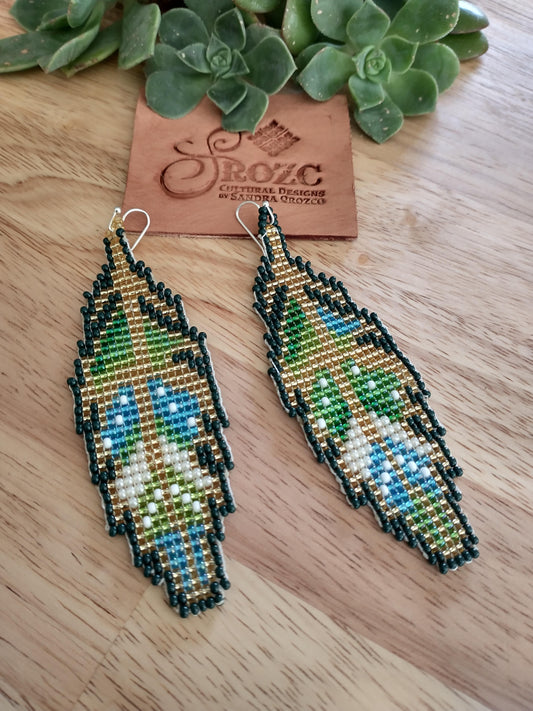 Green/gold feather beaded earrings