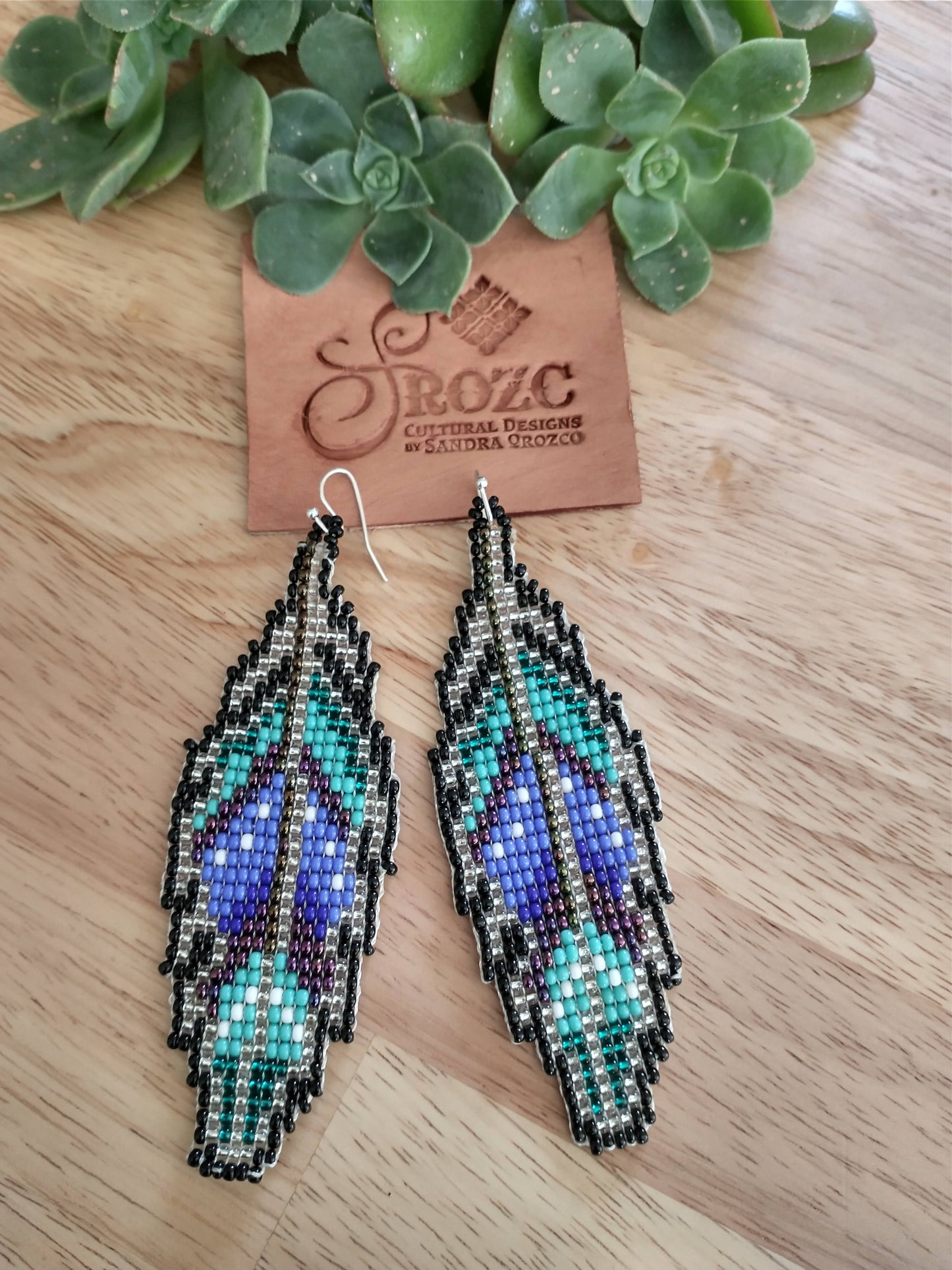 Blue/silver feather beaded earrings