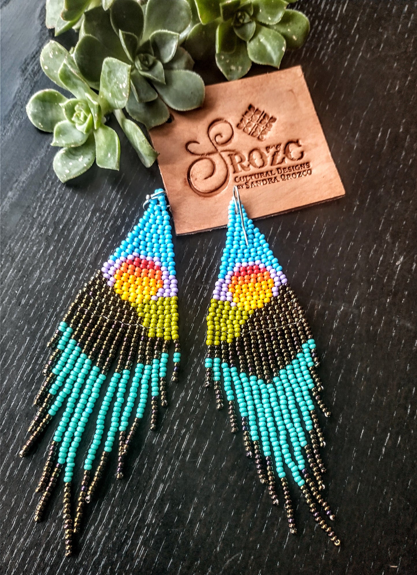 Tropical Sunset blue ocean landscape beaded earrings. handwoven.