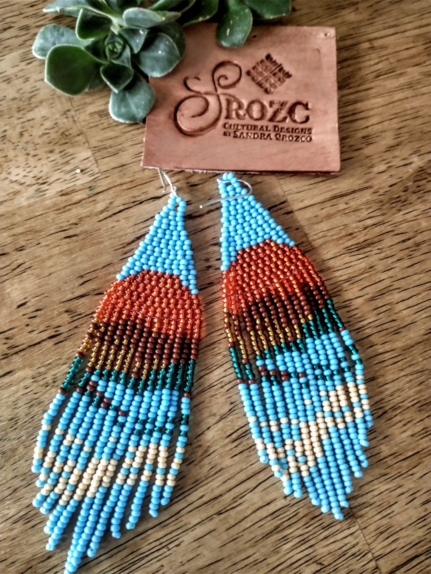 Sunset blue ocean landscape beaded earrings. handwoven.