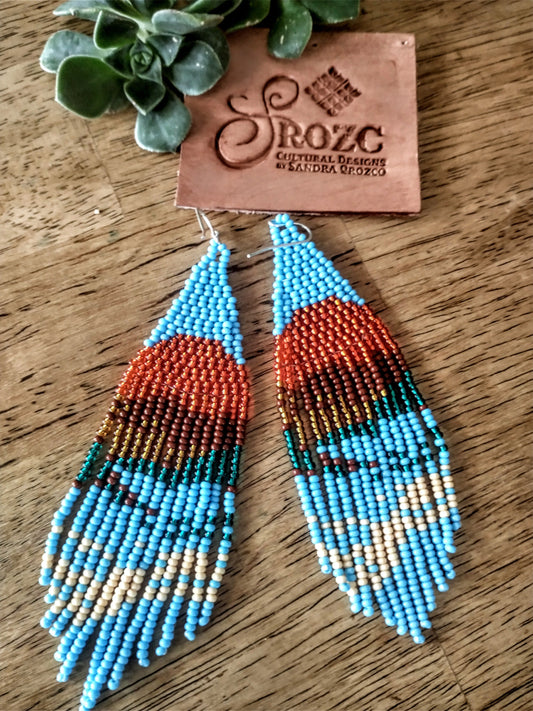 Sunset blue ocean landscape beaded earrings. handwoven.