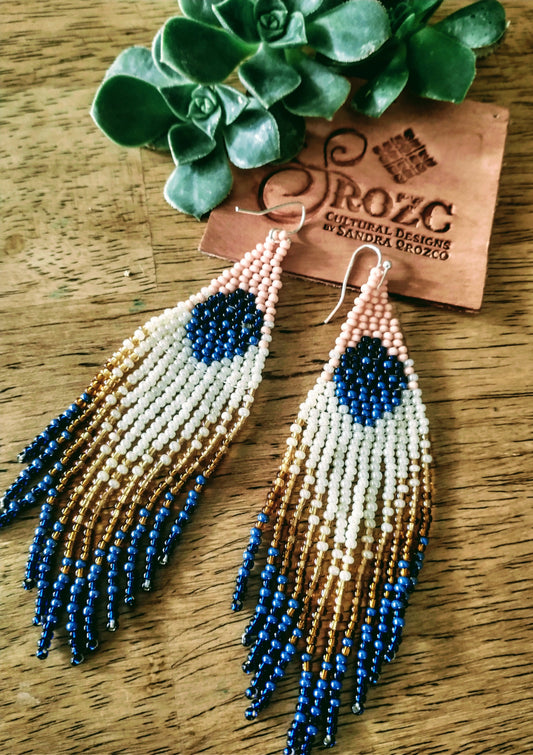 Blue moon bohemian ivory dangle beaded earrings with blue ombre fringe