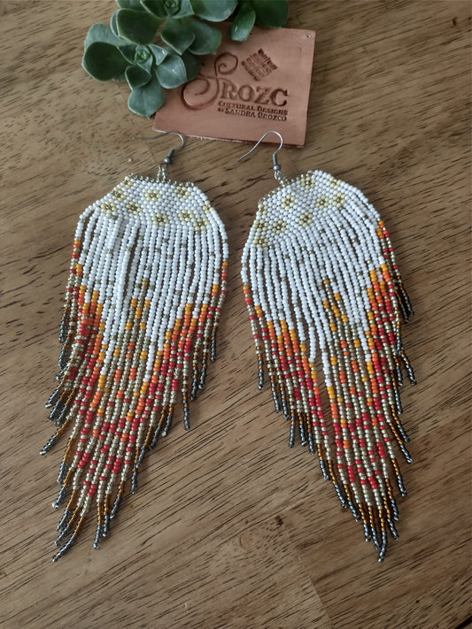 Extra-long white/ yellow/ orange feather beaded earrings