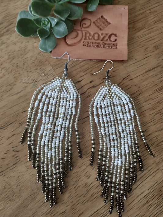gold/ white/brown feather beaded earrings