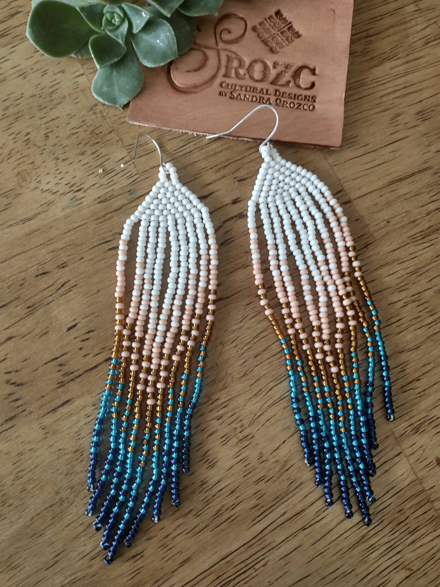 Bohemian ivory dangle beaded earrings with blue ombre fringe