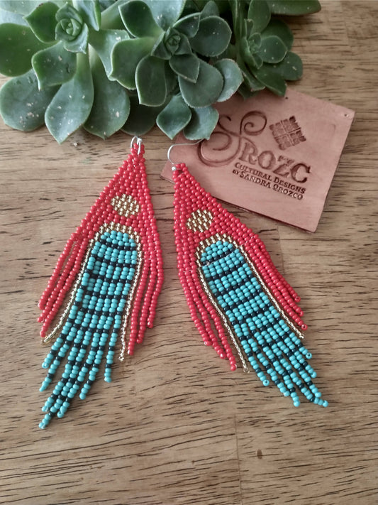 Red and turquoise beaded abstract earrings.
