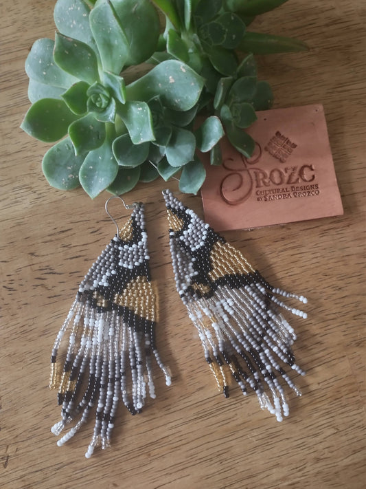 Grey, gold black sneak skin pattern beaded earrings.