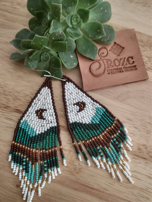 half-moon blue ocean landscape beaded earrings. handwoven.