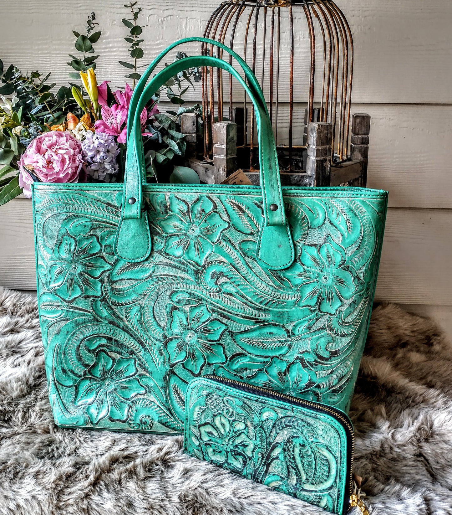 Casandra floral, hand-tooled tote bag  Turquesa