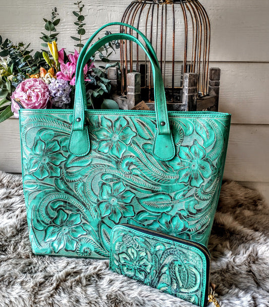 Casandra floral, hand-tooled tote bag  Turquesa