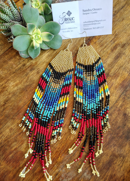 Tribal elegant vibrant shades of blue, red and gold accents. southwestern beaded earrings.