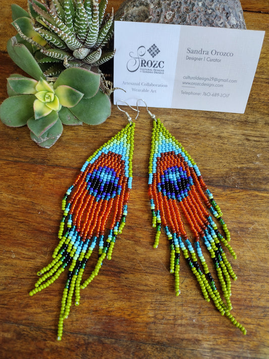 Green/Blue peacock feather beaded earrings.
