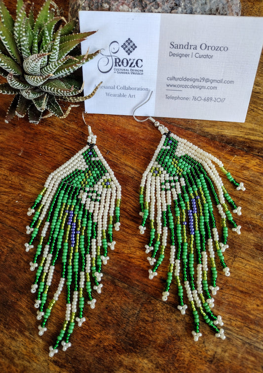 Green/beige peacock beaded earrings