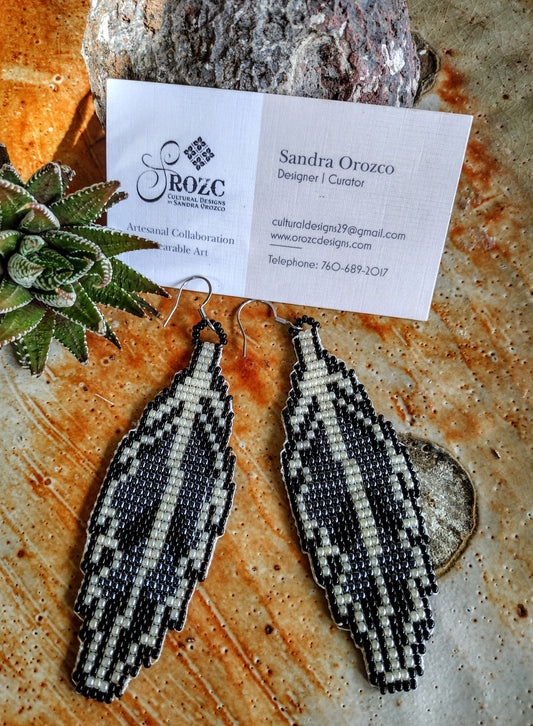 Grey, white feather beaded earrings