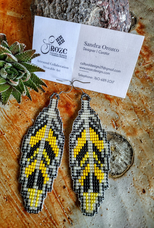 Yellow, black feather beaded earrings