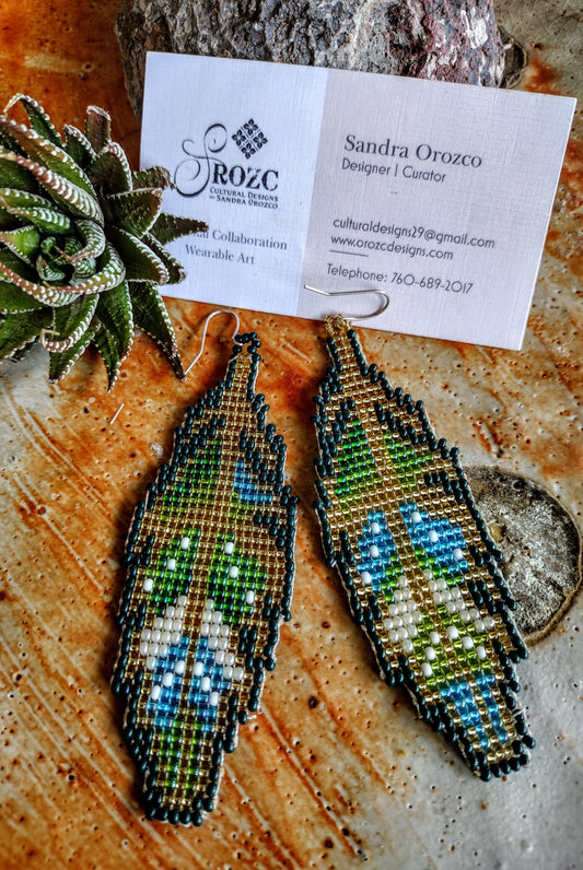 Green, gold feather beaded earrings