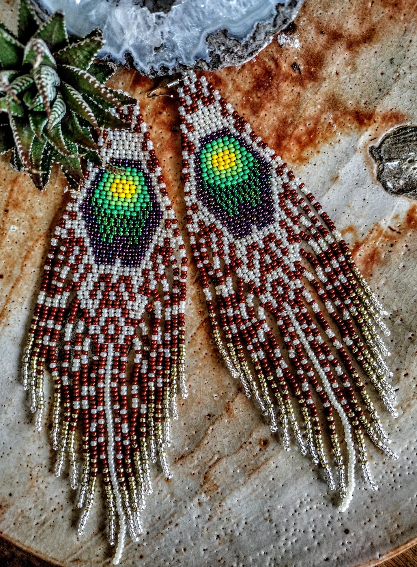 Long peacock feather green earrings