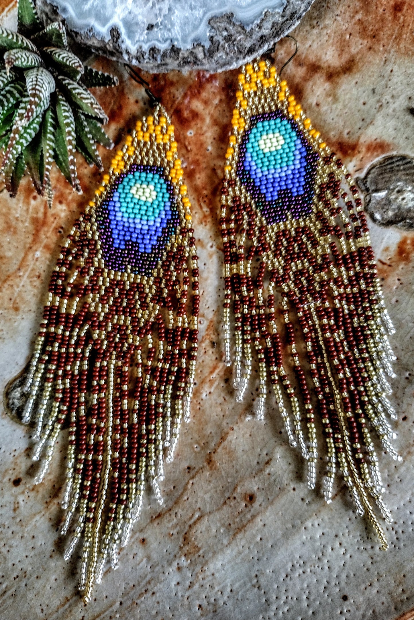 Long peacock feather blue turquois and gold earrings