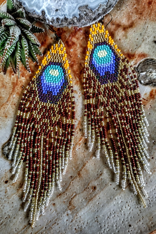 Long peacock feather blue turquois and gold earrings