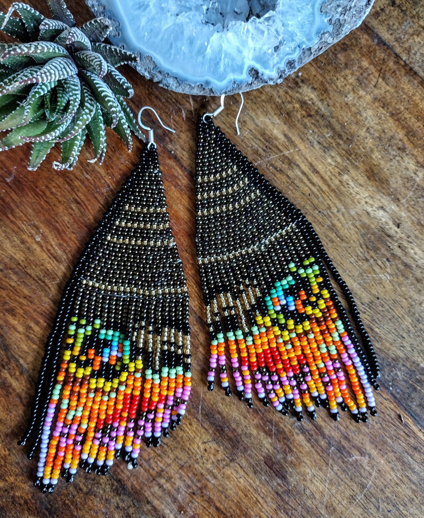 Black, purple butterfly big wins beaded earrings.